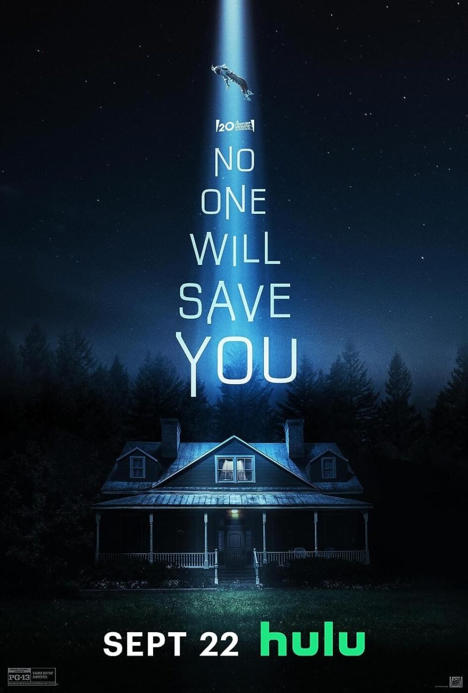 Simplistic movie poster for "no one will save you" (2023) - showing a girl being lifted by a beam of light into the night sky