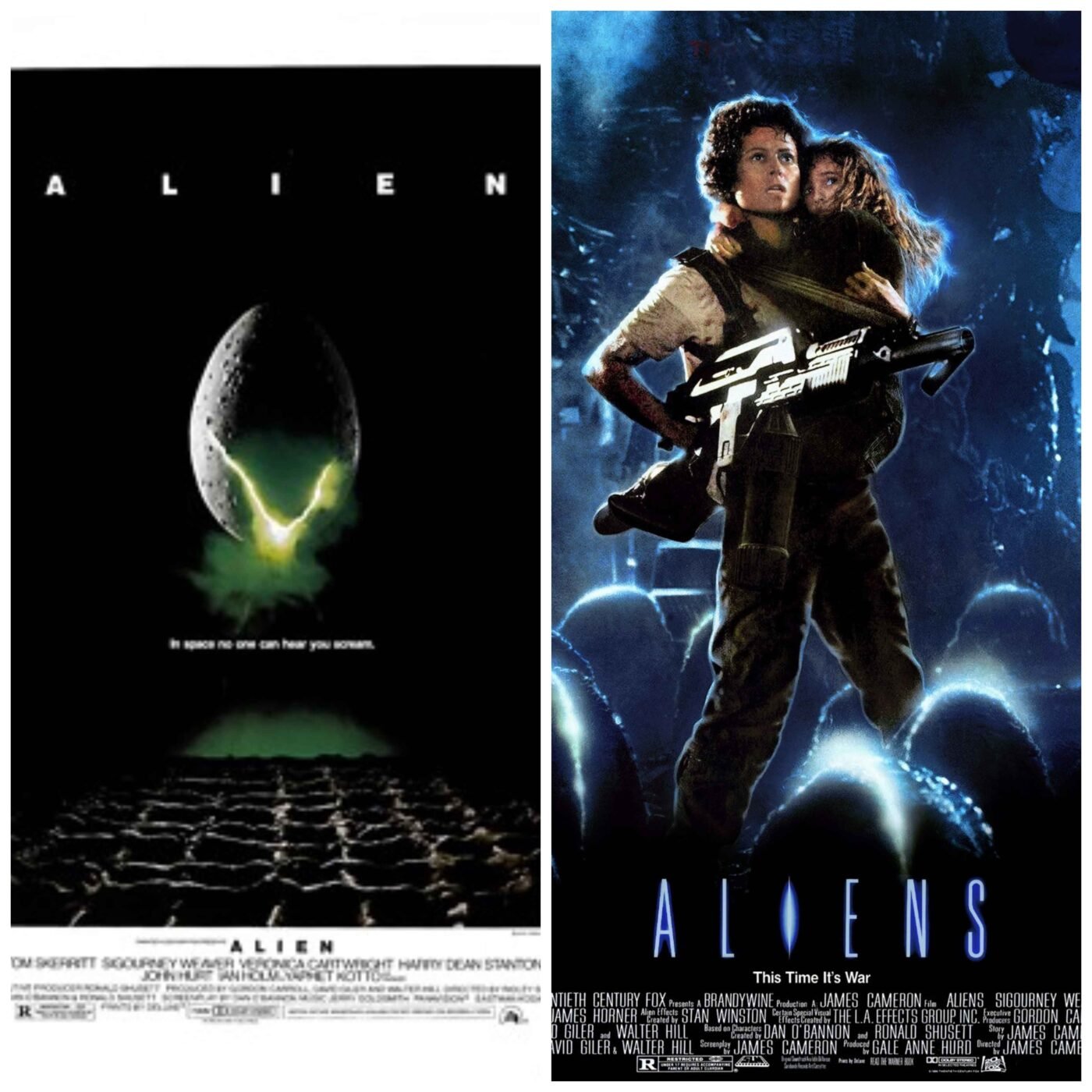 Collage of two movie posters: left shows a close-up of an xenomorph egg against black with'ALIEN' title near bottom; right shows Ripley holding Newt and a massive gun, with blue space backdrop from the film Aliens.