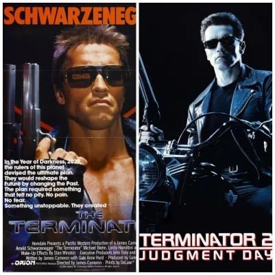 Classic movie posters for both "the terminator" and "t2: judgement day" - starring arnold schwarzenegger - tagline: "in the year of darkness, 2029, the rulers of this planet devised the ultimate plan. They would reshape the future by changing the past. The plan required something that felt no pity. No pain. No fear. Something unstoppable. They created the terminator! "