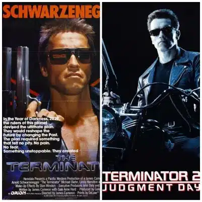 Classic movie posters for both "the terminator" and "t2: judgement day" - starring arnold schwarzenegger - tagline: "in the year of darkness, 2029, the rulers of this planet devised the ultimate plan. They would reshape the future by changing the past. The plan required something that felt no pity. No pain. No fear. Something unstoppable. They created the terminator! "