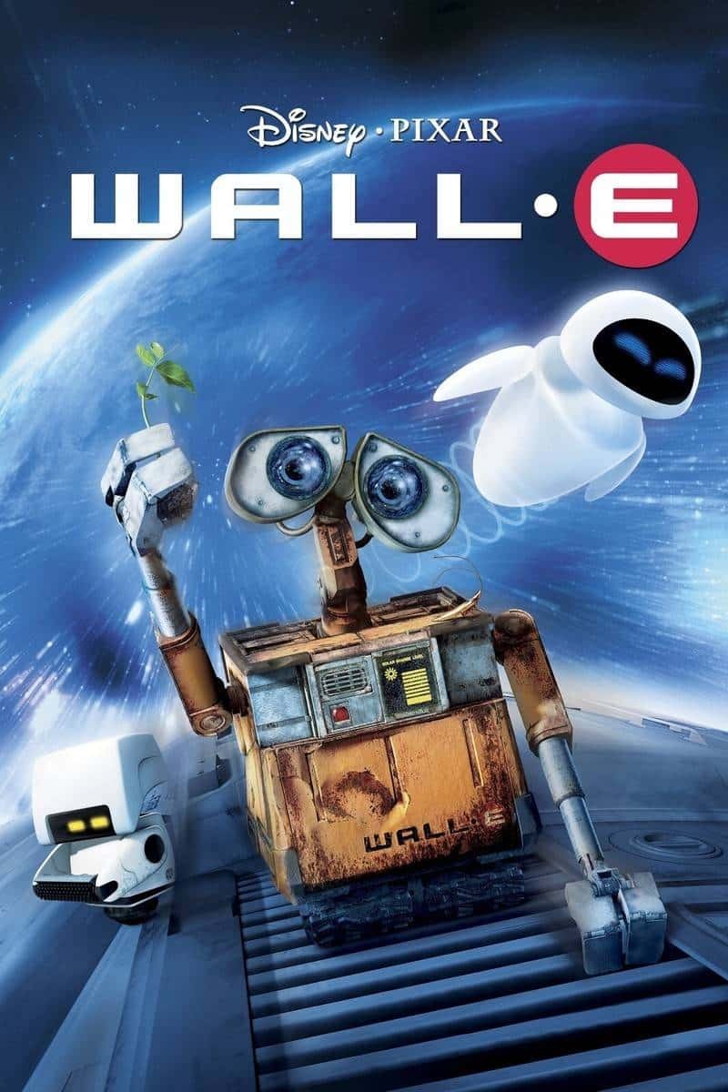 Wall-e and eve float in space above a sci-fi planet with the wall•e logo at the top, a small plant growing from wall-e's hand visible, conveying a poster for Disney Pixar's WALL-E.