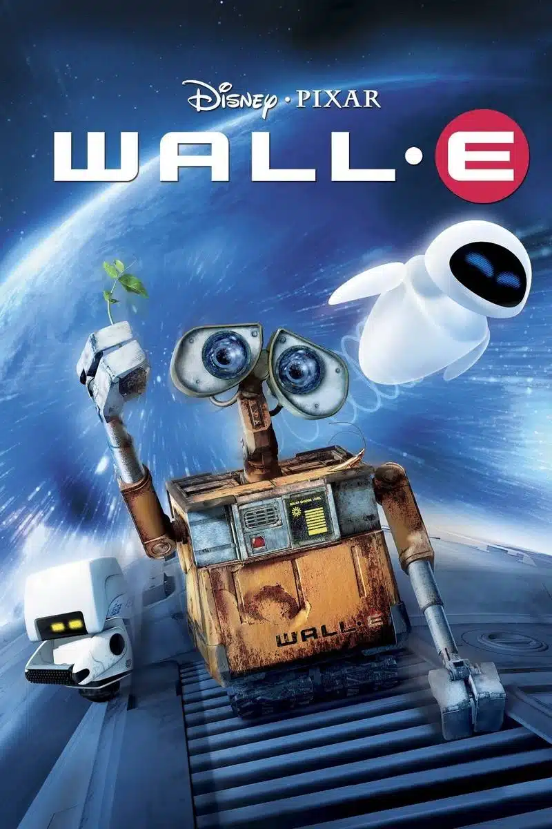 Wall-e and eve float in space above a sci-fi planet with the wall•e logo at the top, a small plant growing from wall-e's hand visible, conveying a poster for Disney Pixar's WALL-E.