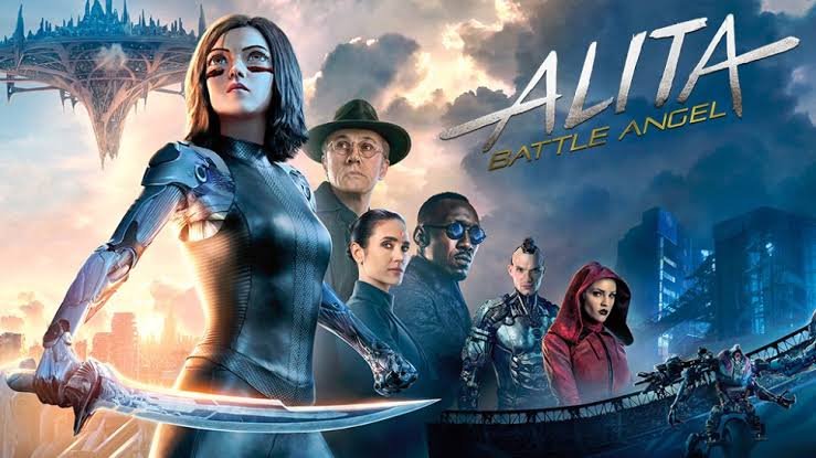 "alita: battle angel" movie poster showing alita in armor with a sword in the foreground and a cast of characters behind her against a futuristic city backdrop.