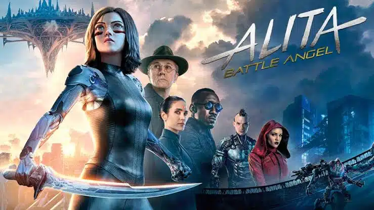 "alita: battle angel" movie poster showing alita in armor with a sword in the foreground and a cast of characters behind her against a futuristic city backdrop.