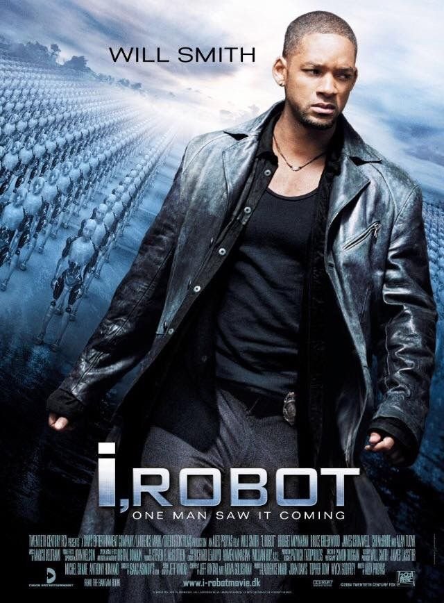 Movie poster for "i, robot" - starring will smith - tagline: "one man saw it coming. "