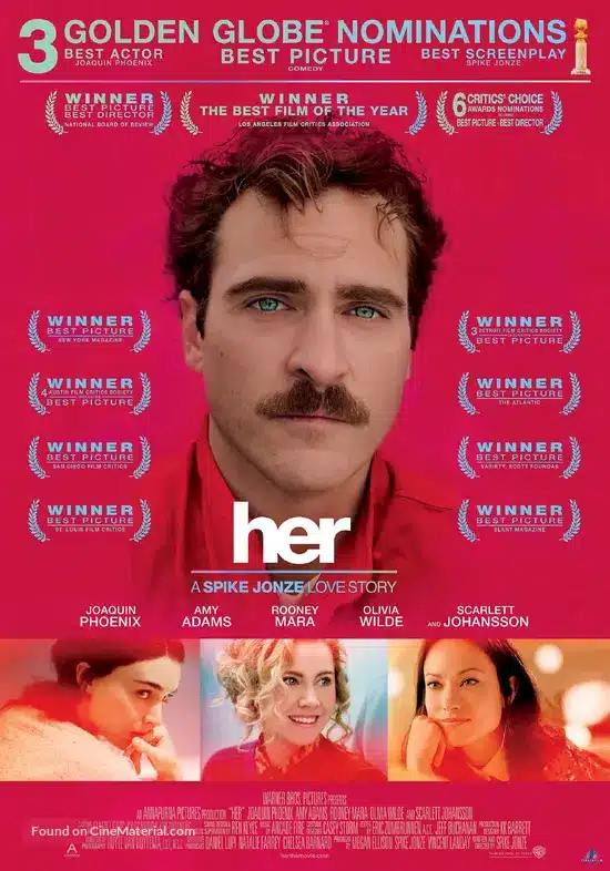 Poster for the film her: joaquin phoenix with a moustache centered on a pink background, the word'HER' beneath, and the cast and awards listed around the edges.