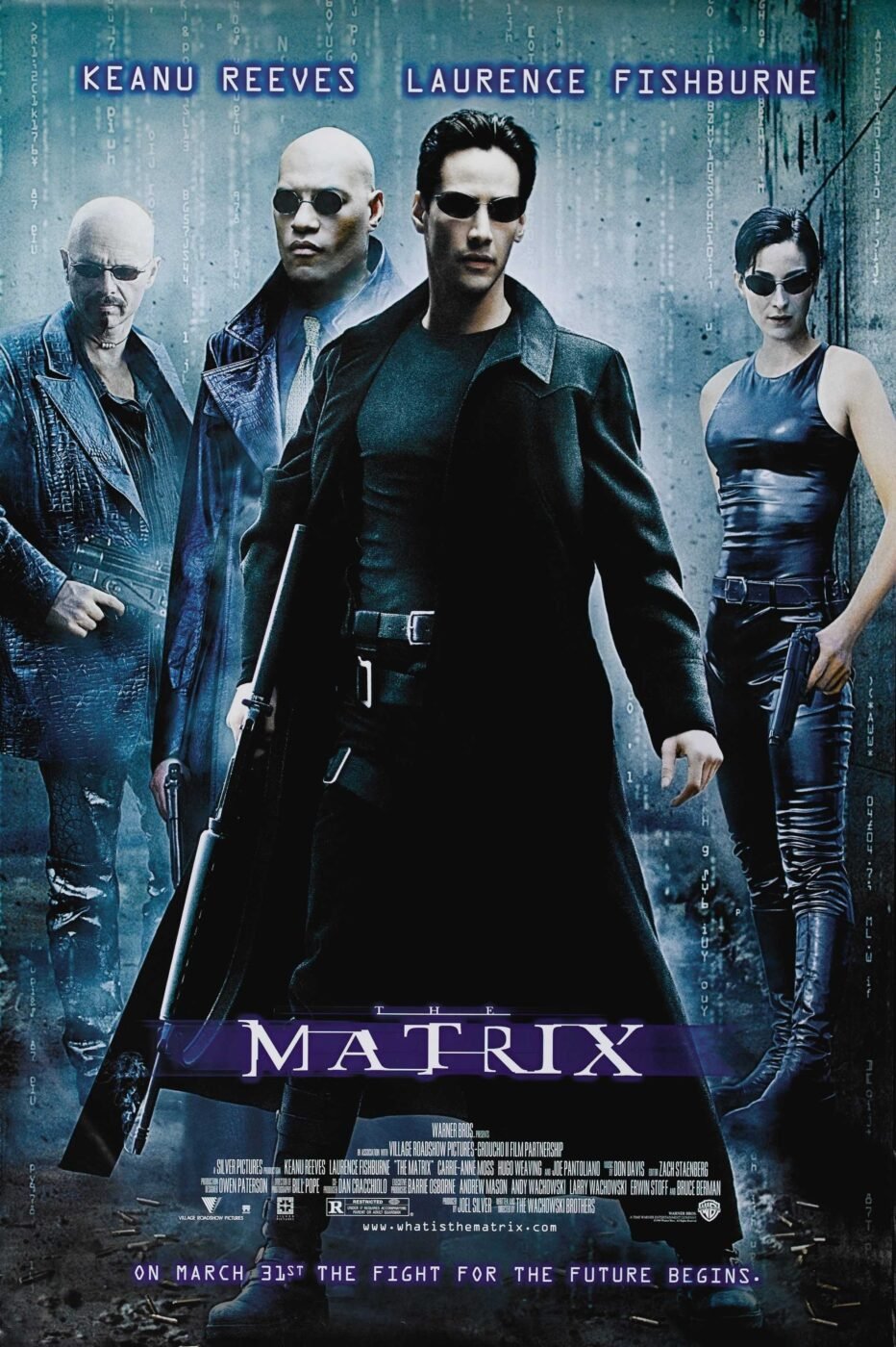 Classic, iconic movie poster for 1999's "The Matrix" - starring Keanu Reeves and Laurence Fishburne - tagline: "On March 31st, The Fight For The Future Begins." 