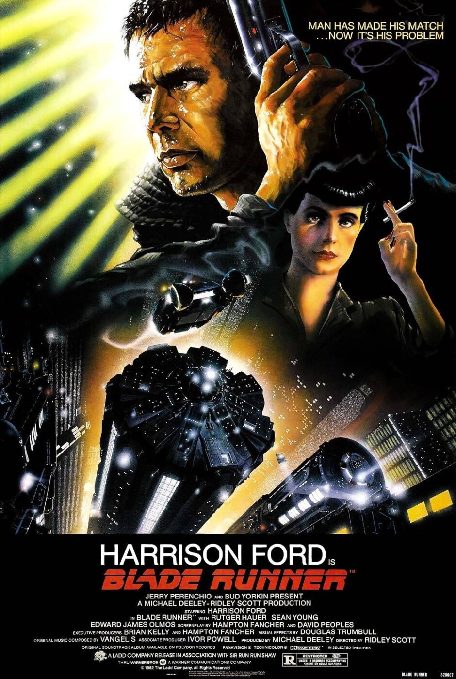 Classic, iconic movie poster for ridley scott's "Blade Runner" - starring Harrison Ford - tagline: "Man has made his match... now it's his problem."
