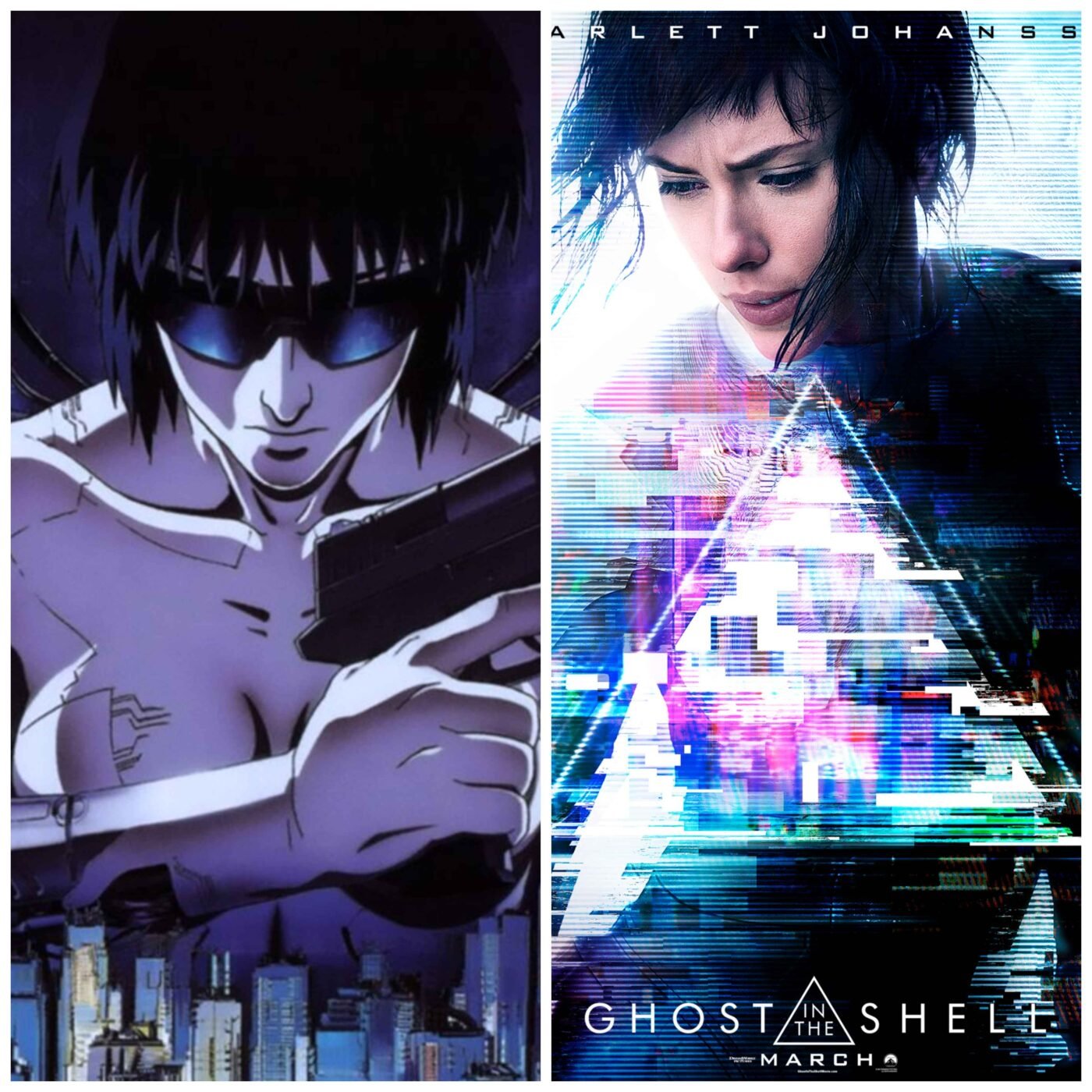 Split image: left panel shows a purple-toned close-up of an anime character with dark hair, looking downward; right panel shows a woman's face with blue glitch effects and 'GHOST IN THE SHELL' text in a sci‑fi poster