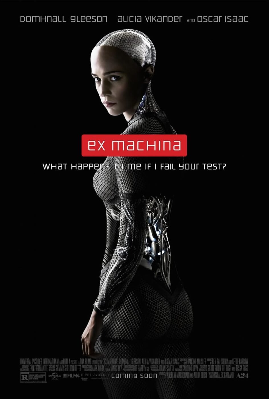 Movie poster for a24's "Ex Machina" - tagline: "What Happens to Me If I Fail Your Test?" 