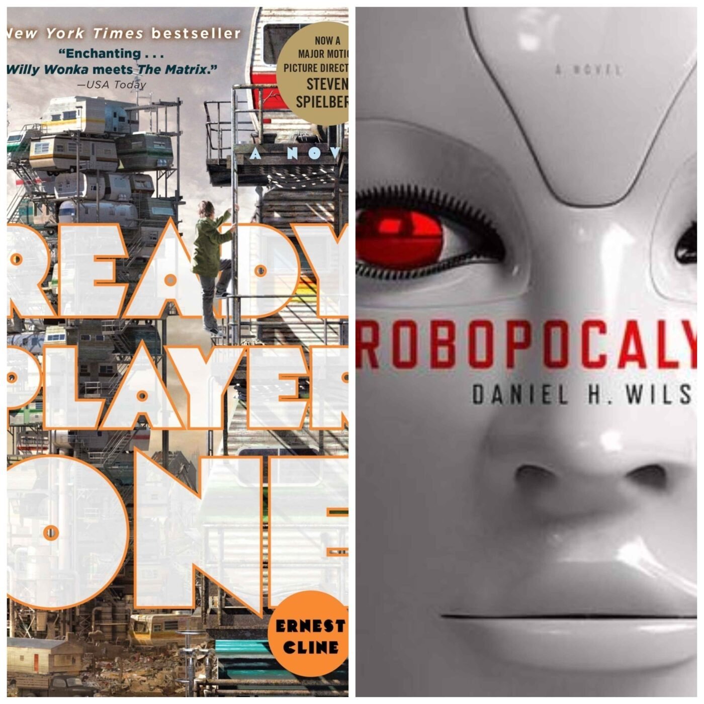 Book covers for "ready player one" and "robopocalypse"