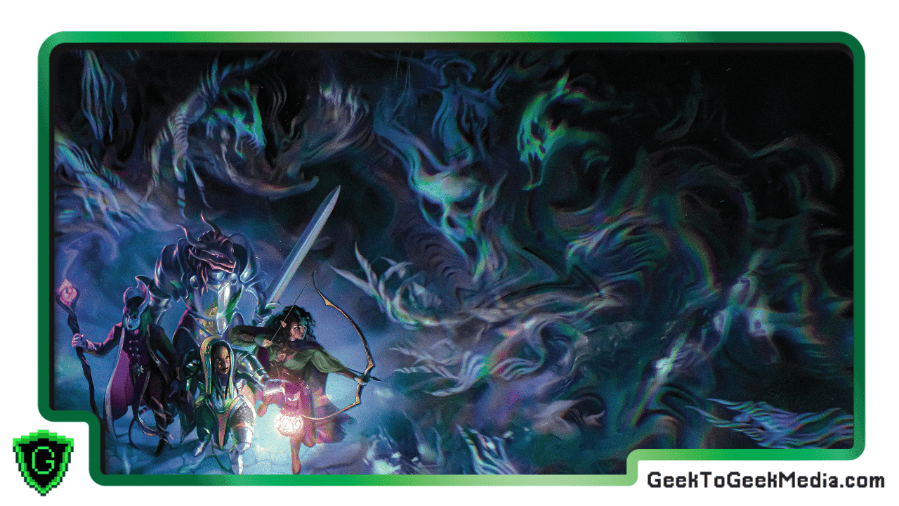 Ravenloft Featured Art of an adventuring party being haunted by ghostly spirits